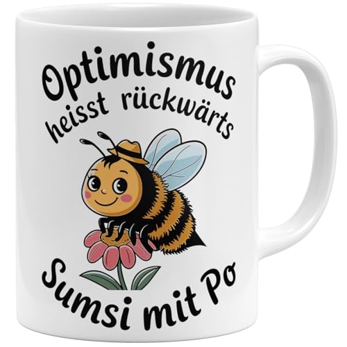 OM3® witzige Kaffee-Tasse mit Spruch - Optimismus heisst rückwärts Sumsi mit Po - Biene - Spruchtasse II - Keramik Becher - 325ml - Beidseitig Bedruckt - Weiss von OM3