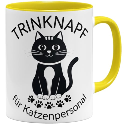 OM3® witzige Kaffee-Tasse mit Spruch - Trinknapf für Katzenpersonal - Katzenliebhaber Katze II - Keramik Becher - 325ml - Beidseitig Bedruckt - Gelb von OM3