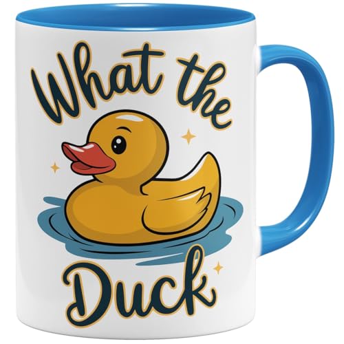 OM3® witzige Kaffee-Tasse mit Spruch - What the Duck - gelbe Ente - Keramik Becher - 325ml - Beidseitig Bedruckt - Hellblau von OM3