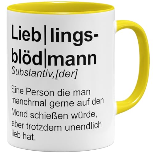 OM3® witzige Kaffee-Tasse mit Spruch - du bist mein Lieblings-Blödmann Definition - Geschenk für Männer - Freund II | Keramik Becher | 325ml | Beidseitig Bedruckt | Gelb von OM3