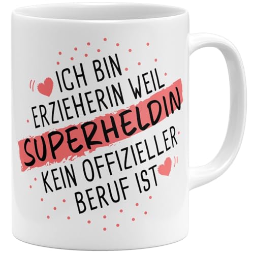 OM3® witzige Kaffee-Tasse mit Spruch - ich bin Erzieherin weil Superheldin kein offizieller Beruf ist | Keramik Becher | 325ml | Beidseitig Bedruckt | Weiss von OM3