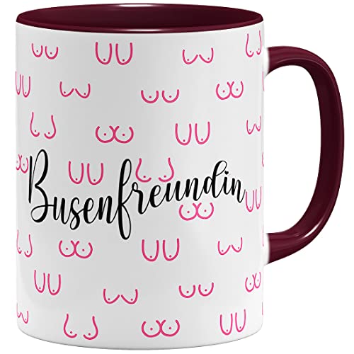 OM3® witzige Kaffeetasse mit Brüsten BFF Busenfreundin Tasse Brüste-Muster | Keramik Becher | 11oz 325ml | Rundumdruck | Bordeaux von OM3