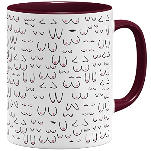 OM3® witzige Kaffeetasse mit Brüsten Titten Tasse Brüste-Muster Doodle | Keramik Becher | 11oz 325ml | Rundumdruck | Bordeaux von OM3