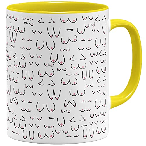 OM3® witzige Kaffeetasse mit Brüsten Titten Kaffee-Tasse Brüste-Muster Doodle | Keramik Becher | 11oz 325ml | Rundumdruck | Gelb von OM3