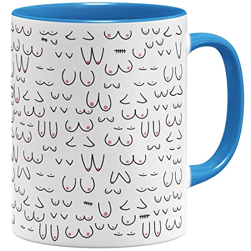 OM3® witzige Kaffeetasse mit Brüsten Titten Kaffee-Tasse Brüste-Muster Doodle | Keramik Becher | 11oz 325ml | Rundumdruck | Hellblau von OM3