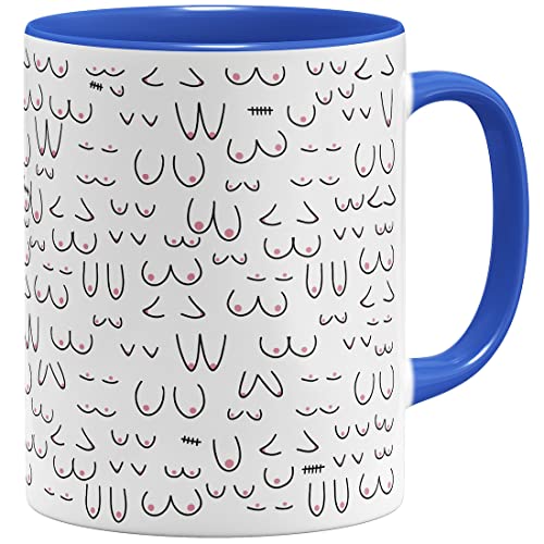 OM3® witzige Kaffeetasse mit Brüsten Titten Tasse Brüste-Muster Doodle | Keramik Becher | 11oz 325ml | Rundumdruck | Royalblau von OM3