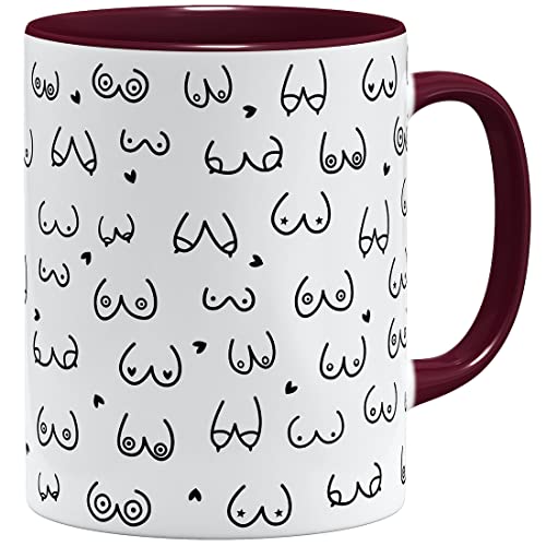 OM3® witzige Kaffeetasse mit Brüsten Titten Tasse Brüste-Muster | Keramik Becher | 11oz 325ml | Rundumdruck | Bordeaux von OM3