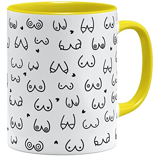 OM3® witzige Kaffeetasse mit Brüsten Titten Tasse Brüste-Muster - Keramik Becher - 11oz 325ml - Rundumdruck - Gelb von OM3