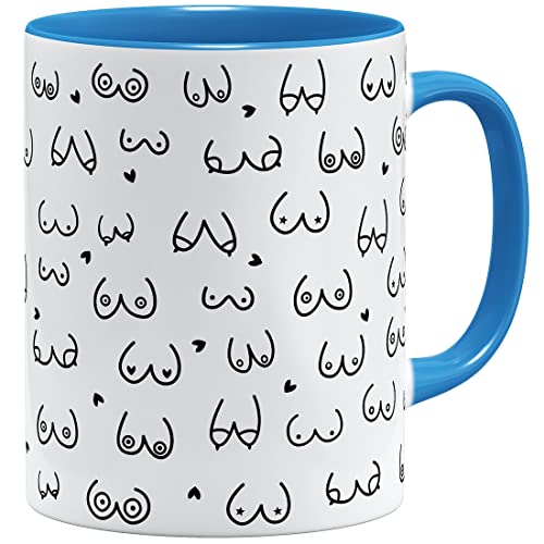 OM3® witzige Kaffeetasse mit Brüsten Titten Tasse Brüste-Muster | Keramik Becher | 11oz 325ml | Rundumdruck | Hellblau von OM3