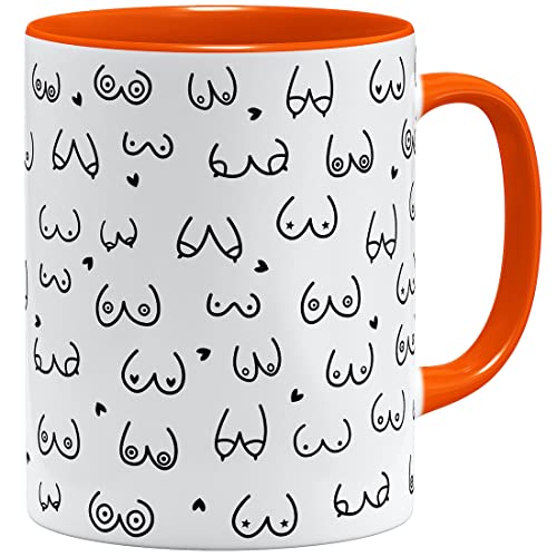 OM3® witzige Kaffeetasse mit Brüsten Titten Tasse Brüste-Muster | Keramik Becher | 11oz 325ml | Rundumdruck | Orange von OM3