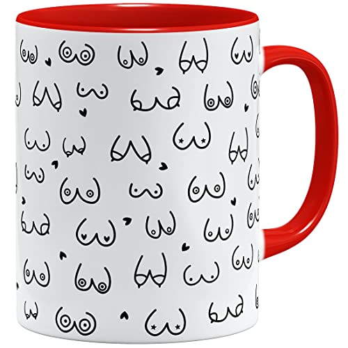 OM3® witzige Kaffeetasse mit Brüsten Titten Tasse Brüste-Muster | Keramik Becher | 11oz 325ml | Rundumdruck | Rot von OM3