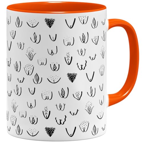 OM3® witzige Kaffeetasse mit Vaginas Vulva Tasse Muschi Rundherum-Muster | Keramik Becher | 11oz 325ml | Rundumdruck | Orange von OM3