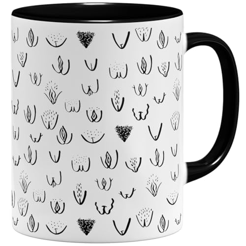 OM3® witzige Kaffeetasse mit Vaginas Vulva Tasse Muschi Rundherum-Muster | Keramik Becher | 11oz 325ml | Rundumdruck | Schwarz von OM3