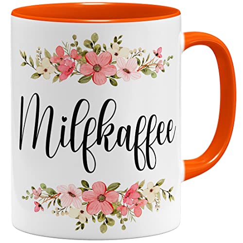 OM3® witzige Milfkaffee Tasse mit Spruch Milf Blumig Kitschig | Keramik Becher | 11oz 325ml | Beidseitig Bedruckt | Orange von OM3