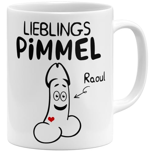 OM3® witzige Tasse mit Name Penis Lieblingspimmel Geschenkidee personalisiertes Geschenk Wunschname personalisierbar | Keramik Becher | 11oz 325ml | Beidseitig Bedruckt | Weiss von OM3