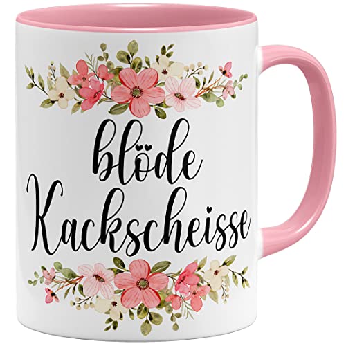 OM3® witzige Tasse mit Spruch - Blöde Kackscheisse - Blumig Kitschig | Keramik Becher | 11oz 325ml | Beidseitig Bedruckt | Rosa von OM3