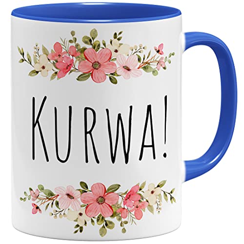 OM3® witzige Tasse mit Spruch - Kurwa! - Polnisch Polen - Blumig Kitschig | Keramik Becher | 11oz 325ml | Beidseitig Bedruckt | Royalblau von OM3