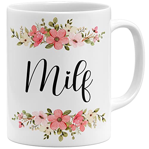 OM3® witzige Tasse mit Spruch Milf Blumig Kitschig | Keramik Becher | 11oz 325ml | Beidseitig Bedruckt | Weiss von OM3