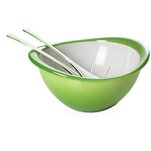 Omada Design Salatschüssel und zweifarbiges Sieb aus Kunststoff mit Besteck, Made in Italy, Durchmesser von 26 cm. Sie ist ergonomisch und innovativ, spülmaschinenfest, Linea Trendy, Grüne Farbe von omada