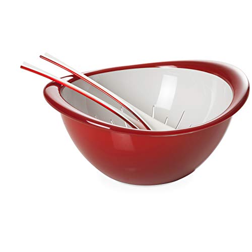 Omada Design Salatschüssel und zweifarbiges Sieb aus Kunststoff mit Besteck, Made in Italy, Durchmesser von 26 cm. Sie ist ergonomisch und innovativ, spülmaschinenfest, Linea Trendy, Rot Farbe von omada