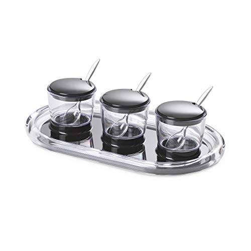 Omada Design Tablett für Konfitüren und Soßen mit 3 Töpfen von 10 Cl mit Deckeln und Löffeln aus wiederstandsfähigen und Kunststoff. Made in Italy, spülmaschinenfest, Linea Crystal, Schwarze Farbe von omada