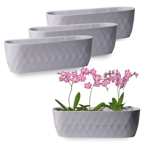 OMAGO, 3er Set längliche Blumentöpfe, Orchideenüberzüge, elegante große Abdeckungen, Blumentöpfe, oval, lang, verschiedene Farbvarianten (Grau) von OMAGO