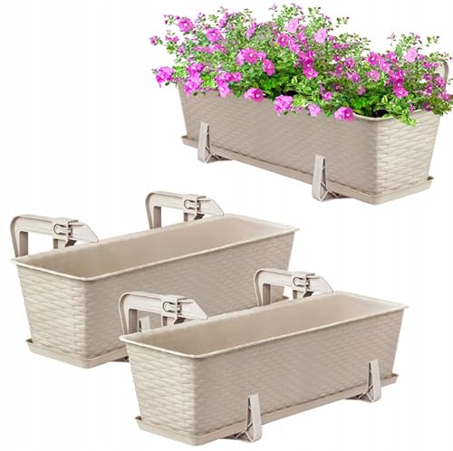 OMAGO, Geländertopf Set, Balkontöpfe zum Aufhängen, Töpfe mit Untersetzer und Griffen, Rattantöpfe, verschiedene Farben (Beige) von OMAGO