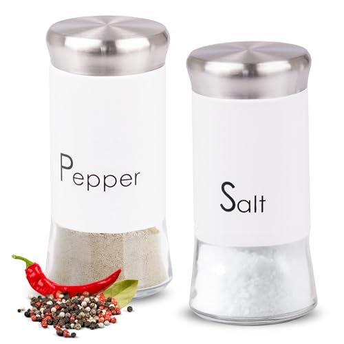 OMAGO, Gewürz-Set, für Salz und Pfeffer, Pfefferstreuer und Salzstreuer, elegante Gewürze Glasfläschchen, Schwarz und Weiß, für Haus und Restaurant (Weiß) von OMAGO