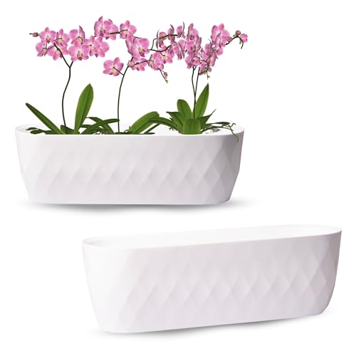 OMAGO, Orchideenüberzug, längliche Orchideenüberzug, ovaler Blumentopf, Orchideentopf, ideal für den Innenbereich, 47cm, Untersetzer (Weiß) von OMAGO