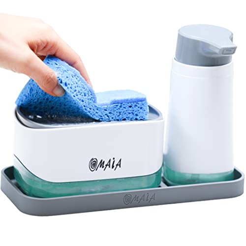 OMAIA 4-in-1 Spülseifenspender-Set mit Schwammhalter und Flüssigseifenspender und Silikon-Tablett – Arbeitsplatten-Organizer – nützliche Küchenhelfer von OMAIA