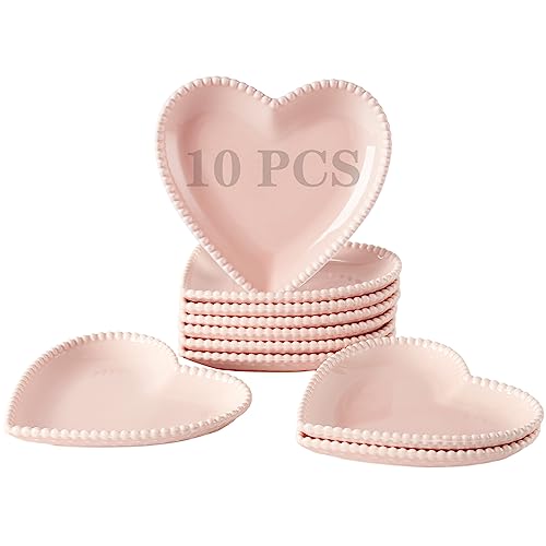 16,3 cm Porzellan Dessertteller, herzförmige kleine Speiseteller, Vorspeise Salatteller Servierschalen für Kuchen, Snack, Eis, Waffeln, Mikrowelle, Backofen, spülmaschinenfest, Rosa - 10 Stück von OMAYKEY