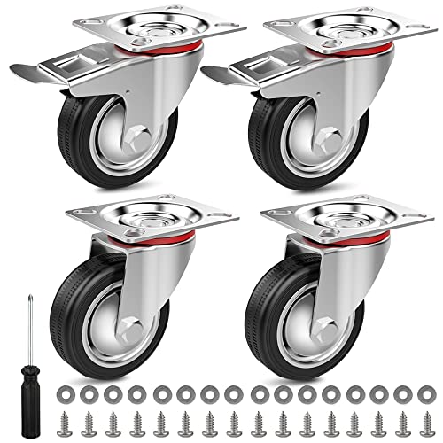 OMECO 4 Stück Transportrollen 75mm mit Bremsen Schwerlastrollen Outdoor Gummiräder 360 Rotationsgrad 200KG/Set Gummi Rollen für möbel Tragfähigkeit Palettenmöbel Industrietransport Blumentopf Schwarz von OMECO