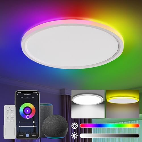 OMECO LED Deckenleuchte RGB Dimmbar mit Fernbedienung 24w 2000lm Flach Rund Deckenlampe LED RGB Alexa und Google Assistant Kompatibel LED Deckenbeleuchtung Dimmbar [Energieklasse F] von OMECO