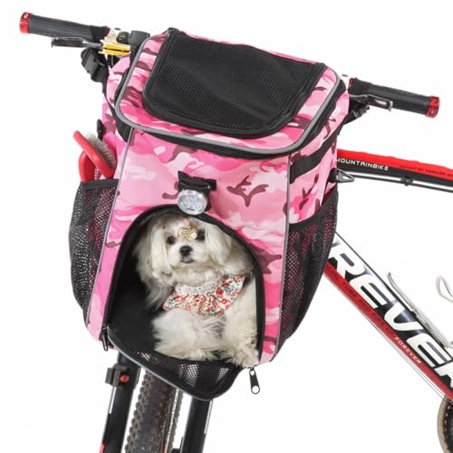Abnehmbarer, waschbarer, faltbarer Fahrrad-Rucksack für Katzen und Hunde, abnehmbar, Doppelzweck, Haustier-Rucksack zum Ausfahren, Radfahren, Outdoor-Abenteuer, Reisen, Tragetasche (rosa Camouflage) von OMEM