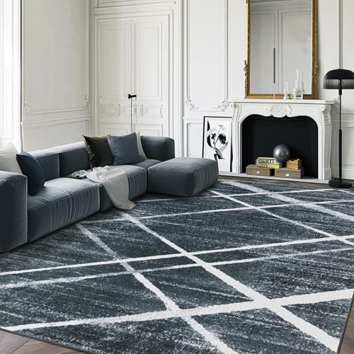 OMERAI Moderner waschbarer Teppich 120×170 cm, Dunkelgrau Unregelmäßige Linien Design, Antirutsch Teppich für Wohnzimmer und Schlafzimmer, Kurzflor Küchenteppich pflegeleicht von OMERAI