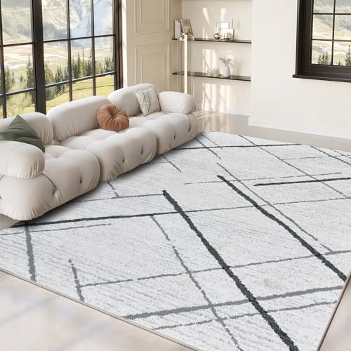 OMERAI Moderner waschbarer Teppich 120×170 cm, Hellgrau Unregelmäßige Linien Design, Antirutsch Teppich für Wohnzimmer und Schlafzimmer, Kurzflor Küchenteppich pflegeleicht von OMERAI