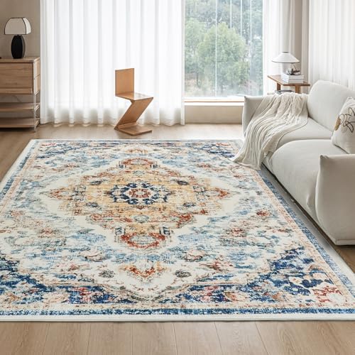 OMERAI Vintage Teppich Wohnzimmer 200X290CM Waschbarer Teppich Boho Teppiche Kurzflor rutschfest Groß Carpet für Schlafzimmer, Esszimmer, Vintage Blau OMERAI Vintage Teppich Wohnzimmer 200X290CM Waschbarer Teppich Boho Teppiche Kurzflor rutschfest Groß Carpet für Schlafzimmer, Esszimmer, Vintage Blau von OMERAI
