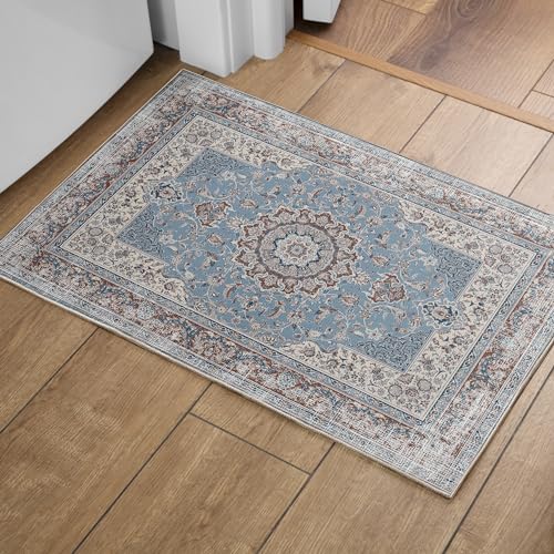 OMERAI Teppich Wohnzimmer Waschbarer Kurzflor Teppich Orientalisch Weiche Schlafzimmer blau rutschfest Vintage Teppich 60x130CM Waschmaschine Teppich von OMERAI