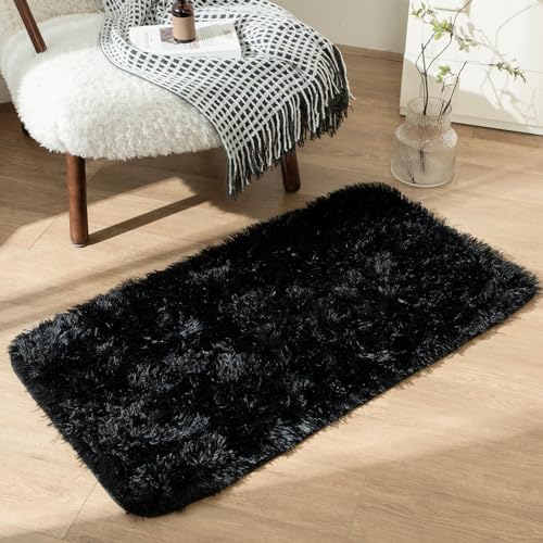 OMERAI Wohnzimmer Teppich antirutsch Schwarz Schlafzimmer Teppich hochflor Shaggy Teppiche Gegend (Schwarz,60x110cm) von OMERAI