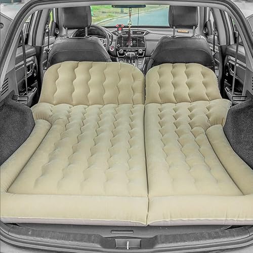 Auto Matratze Kofferraum Faltbar Auto Luftmatratze, Tragbar Auto Camping Schnelles Aufblasen & Entleeren Autobett Doppelseitig PVC Automatratze mit Luftpumpe für Camping Reisen Outdoor (Beige) von OMGGYER