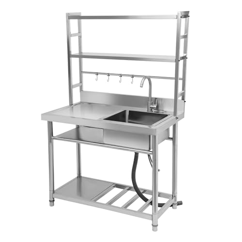 Edelstahl Tisch Gastro Spüle mit Unterschrank, Gewerbliche Spülbecken Küche Spültisch, Freistehende Spülenschrank mit Spüle und Armatur, für Außen, Innen, Restaurant, 100 * 50 * 160cm (B) von OMGGYER