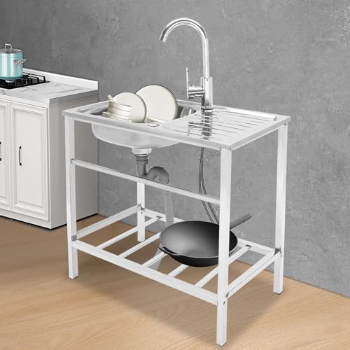 Edelstahl Tisch Gastro Spüle mit Unterschrank, Gewerbliche Spülbecken Küche Spültisch, Freistehende Spülenschrank mit Wasserhahn, für Außen, Innen, Restaurant, 75 * 40 * 76cm von OMGGYER