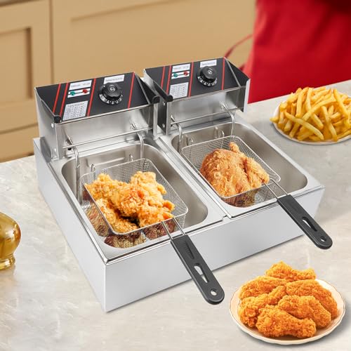 Elektrische Friteuse mit Fett 5000W 6 L Kommerzielle Doppel Fritteusen Gastronomie Edelstahl Kaltzonen Fritöse, Profi Gastro Fritteuse mit öl, Perfekt für Pommes oder Snacks, 60–200 °C von OMGGYER