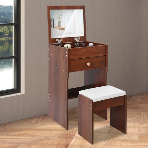 OMGGYER Schminktisch Klein mit Hocker & beleuchtetem Spiegel, Frisiertisch Kommode Kosmetiktisch mit Schubladen, ideal für Schlafzimmer und kleine Räume, 40 * 37.5 * 72cm (A) von OMGGYER