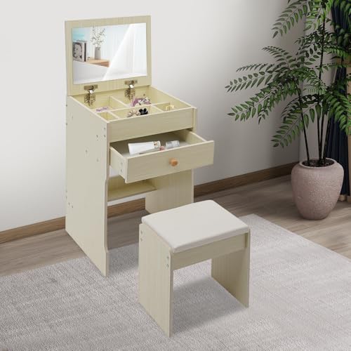OMGGYER Schminktisch Klein mit Hocker & beleuchtetem Spiegel, Frisiertisch Kommode Kosmetiktisch mit Schubladen, ideal für Schlafzimmer und kleine Räume, 40 * 37.5 * 72cm (B) von OMGGYER