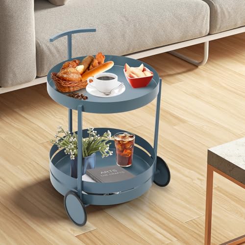 OMGGYER Servierwagen Metal Beistelltisch Küche Runder Lagerwagen 2 Etagen Barwagen, Multifunktional Küchenwagen Teewagen mit Rollen, 40 * 61cm (Blau) von OMGGYER