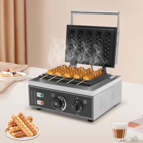 Profi Gastro Waffeln am Stiel Waffeleisen mit antihaftbeschichteten Backplatten, Kommerzielles Waffelgerät Corn Dog Stiel für 5 Stielwaffeln mit Edelstahl Gehäuse, 50-300 °C von OMGGYER