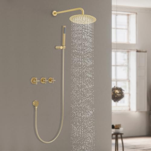 Regendusche Unterputz Duscharmatur Set mit Handbrause Duschsystem Ohne Armatur aus Hochwertig Edelstahl und Messing für Badezimmer (Gold) von OMGGYER