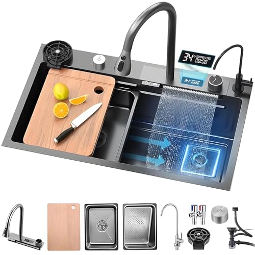 85x45CM Wasserfall-Waschbecken Mit Digitalem Anzeigebildschirm Top Mount-SpüLe Einzelbecken-KüChenspüLe Aus Edelstahl Multifunktionales SpüLbecken FüR Die Hausbar Mit Komplettes Zubehörset von OMGMTSTORE