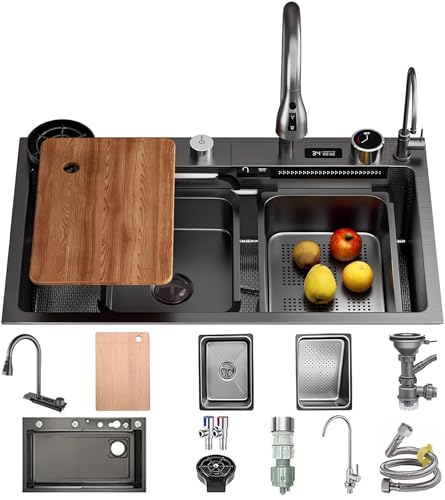 90x50 cm Wasserfall-Waschbecken,Edelstahl Schwarz Grau Küchenspüle,Wasserfall Spüle Mit Anzeigebildschirm,1 Becken spüle,Große arbeitsplatz küchenspüle Mit Schneidebrett,Siphon,Über- und Ablauf-Set von OMGMTSTORE